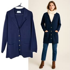 Neiman Marcus 16 Cerruti $550 Alpinit Long Cardigan Sweater Swiss Wool Navy Blue